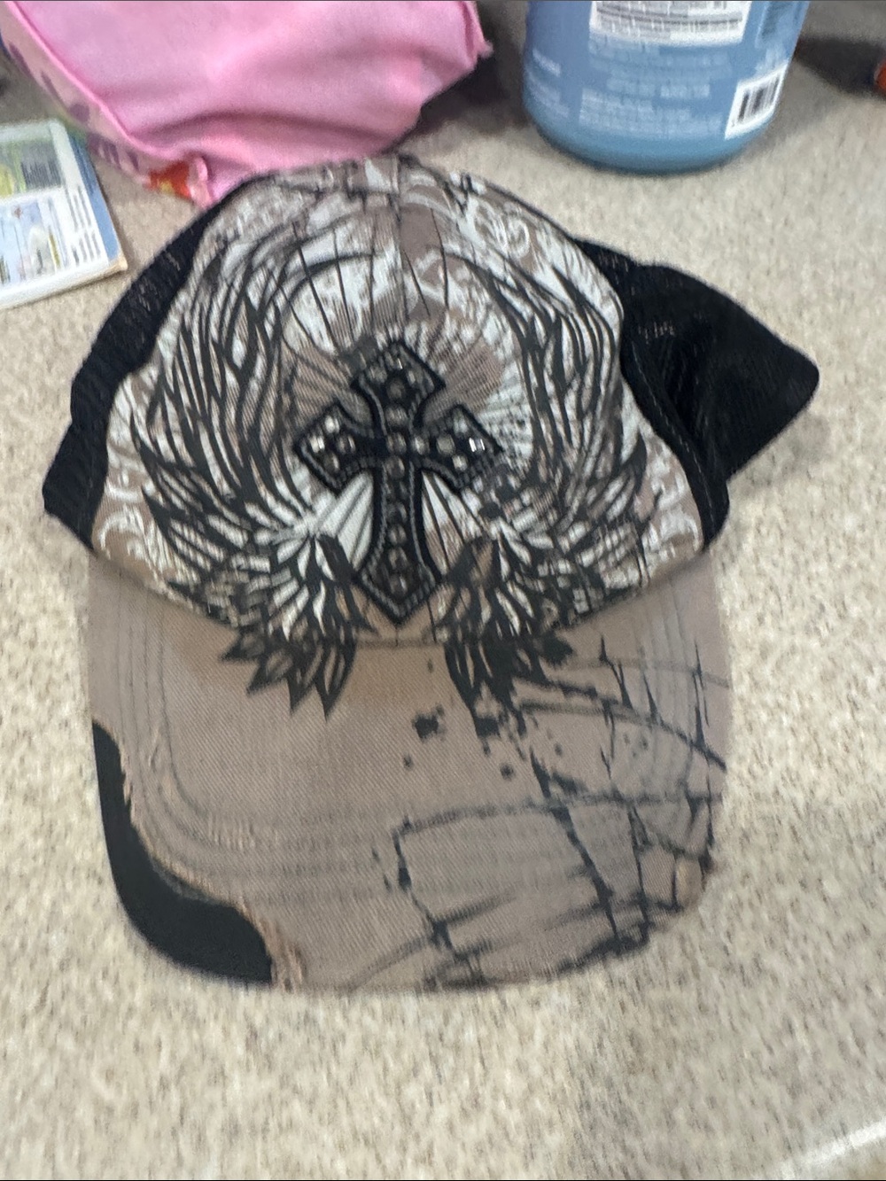 Y2K hat Brown and Black Decorative Cross Trucker Cap - Unbranded
